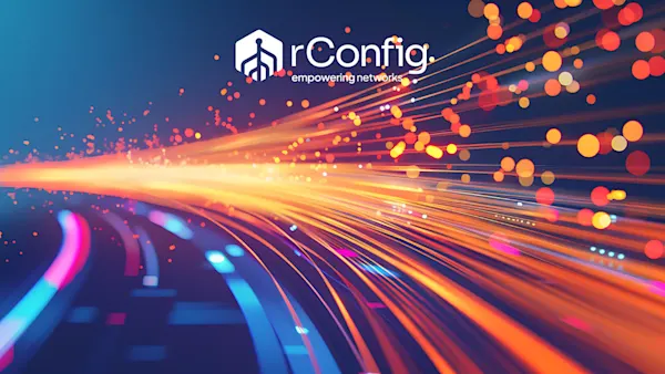 Vibrant digital illustration of colorful streaks and circles against a deep blue background. The rConfig logo, text reads "empowering networks." Energetic and dynamic.