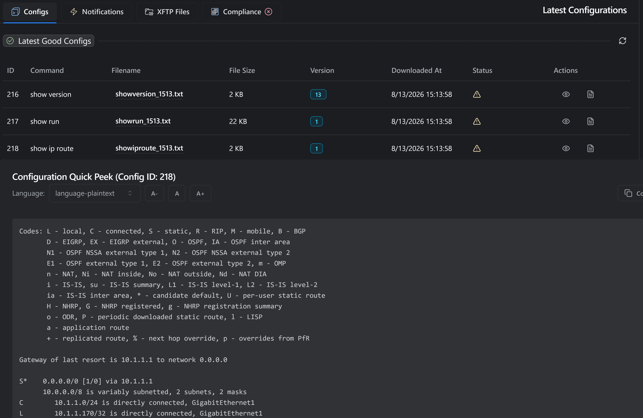 rConfig V8 interface showing configuration backups, device details and saved network configurations
