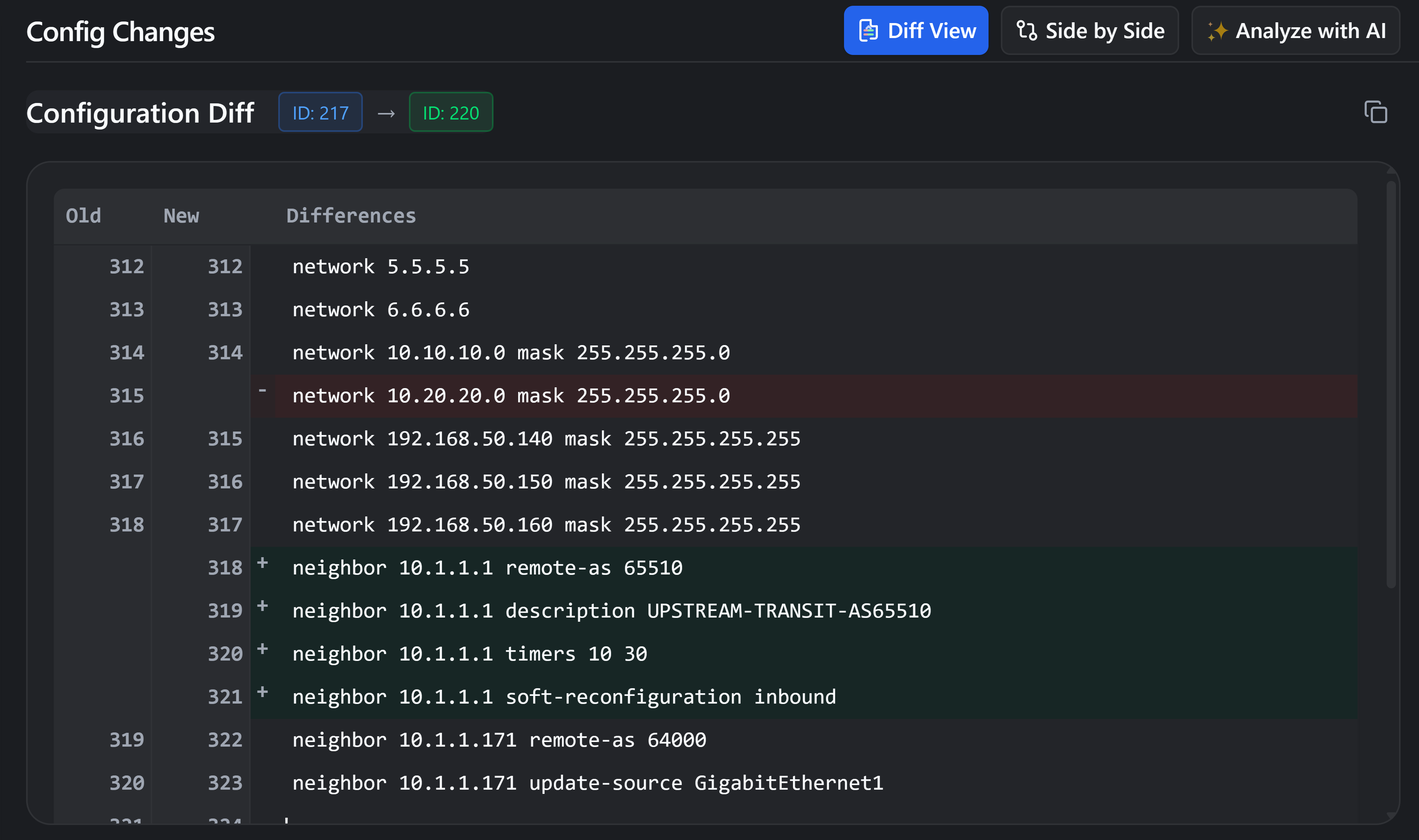 rConfig V8 interface showing configuration change tracking and version comparisons