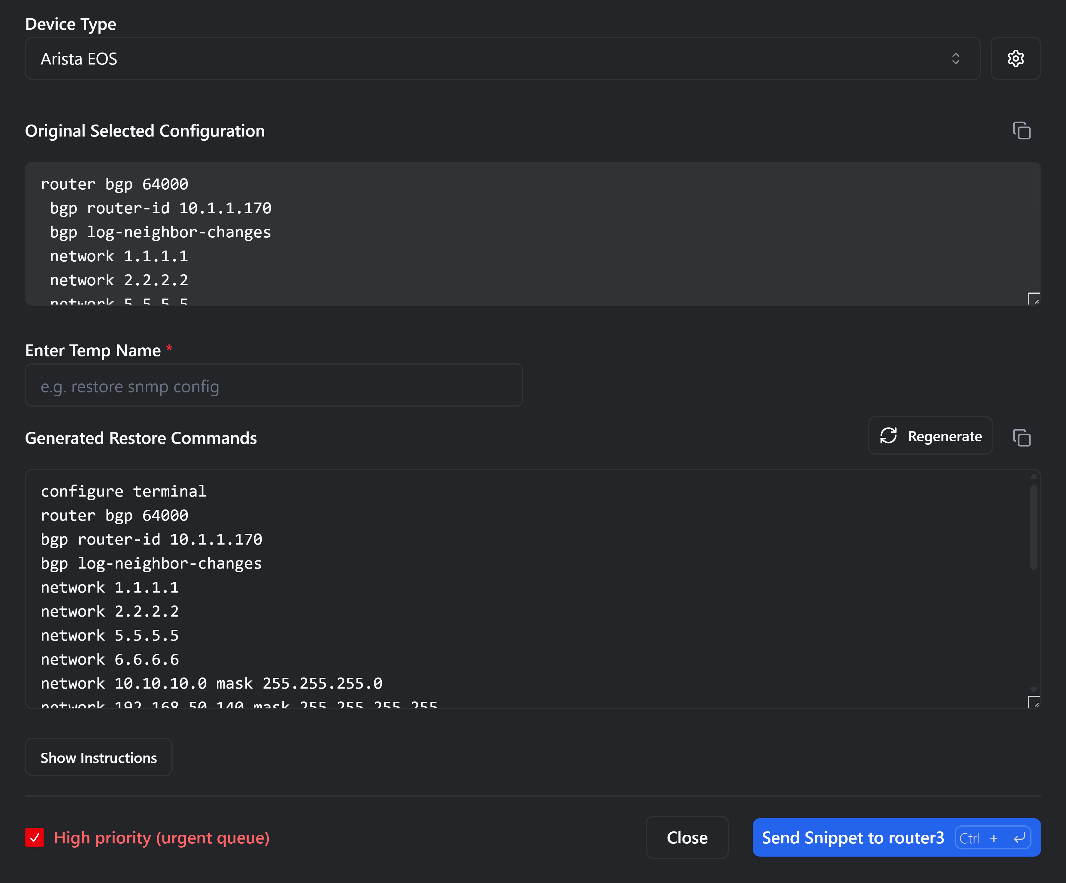 rConfig V8 interface showing configuration recovery and rollback options